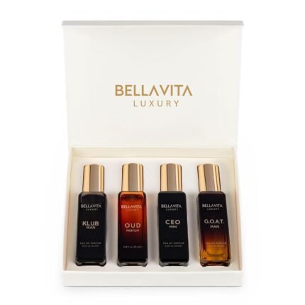 BellaVita Luxury Men’s Perfume Gift Set with CEO Man, G.O.A.T., KLUB & OUD | 4 x 20ml (80ml) | Long Lasting Perfume for Men | Citrus, Woody, Patchouli & Caramel Notes