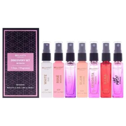 Bellavita Luxury Women’s Perfume Discovery Gift Set with Date, Glam, Diva, Rose, Hot Mess, White Oud, and Senorita | 7 X 8ml | Floral, Fresh, Fruity Scent Profile