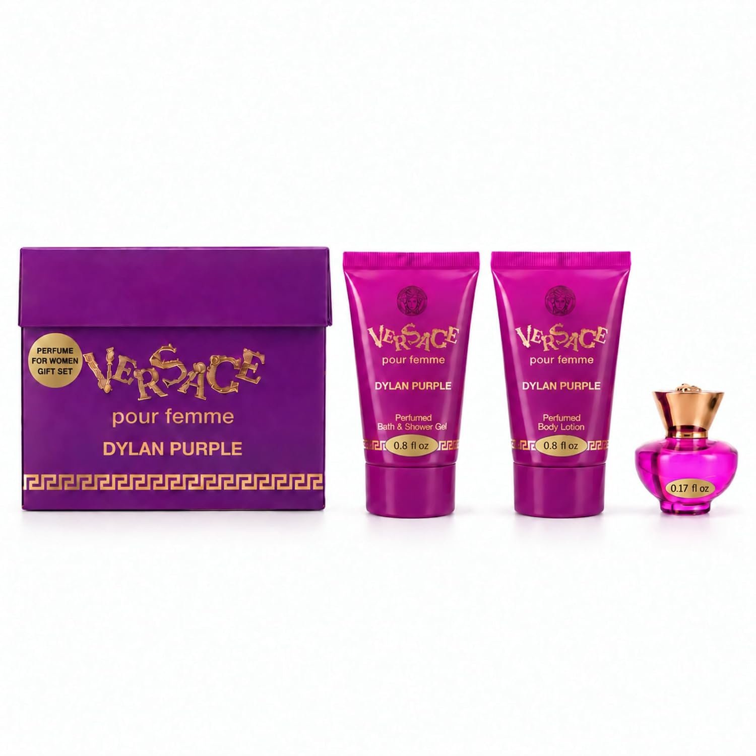 Versace Dylan Purple for Women 3 Piece Set Includes: 0.17 oz Eau de Parfum + 0.8 oz Perfumed Bath Shower Gel + 0.8 oz Perfumed Body Lotion Versace Dylan Purple for Women 3 Piece Set Includes: 0.17 oz Eau de Parfum + 0.8 oz Perfumed Bath Shower Gel + 0.8 oz Perfumed Body Lotion