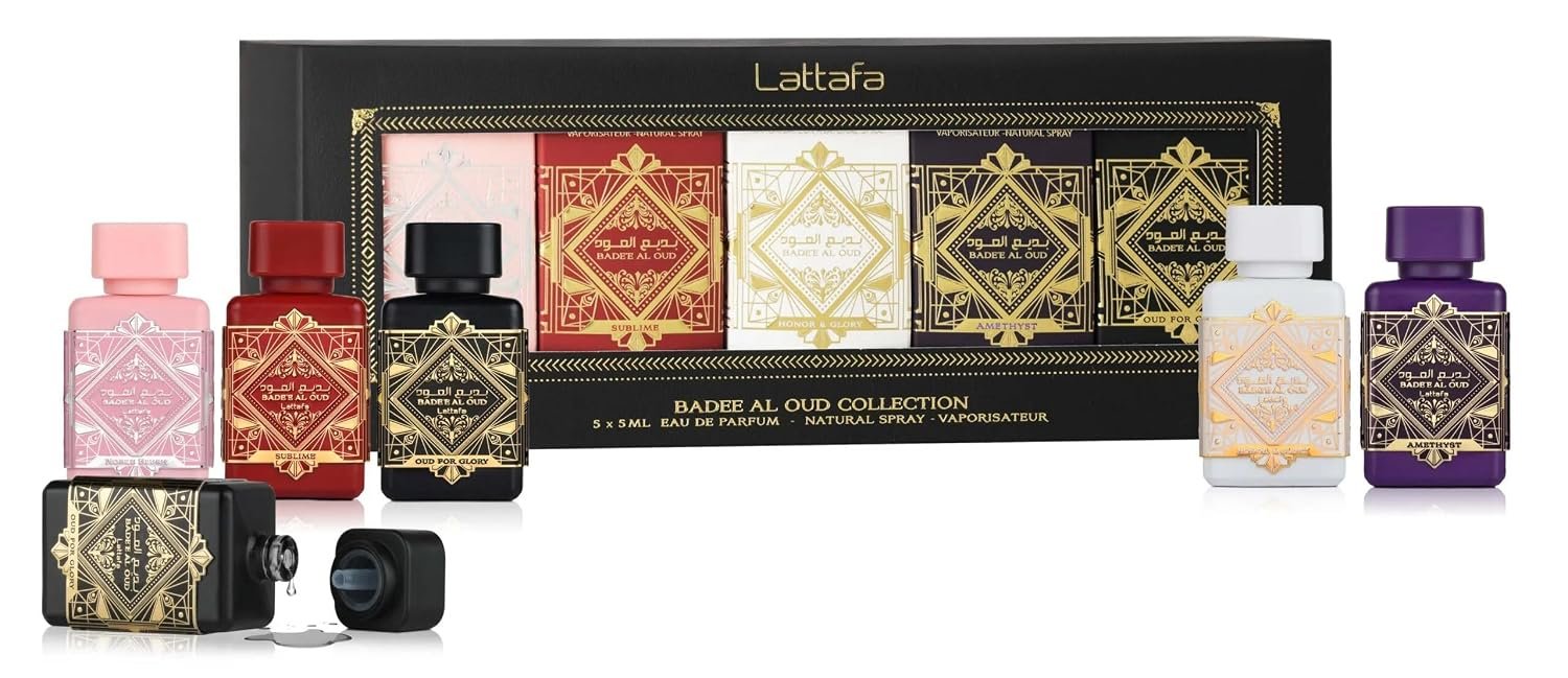 Lattafa Bade’e Al Oud Collection – 5 × 5 ml Eau de Parfum Gift Set for Unisex (Honor & Glory + Sublime + Amethyst + Oud for Glory + Noble Blush) Lattafa Bade’e Al Oud Collection – 5 × 5 ml Eau de Parfum Gift Set for Unisex (Honor & Glory + Sublime + Amethyst + Oud for Glory + Noble Blush)